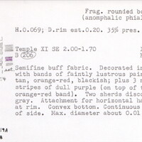 Index card with typed and handwritten information, sometimes including a sketch, of pottery from an excavation.