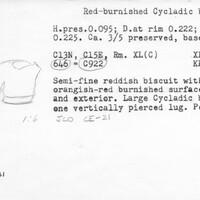 Index card with typed and handwritten information, sometimes including a sketch, of pottery from an excavation.