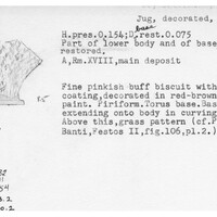 Index card with typed and handwritten information, sometimes including a sketch, of pottery from an excavation.