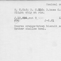 Index card with typed and handwritten information, sometimes including a sketch, of pottery from an excavation.