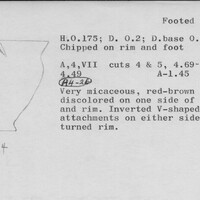 Index card with typed and handwritten information, sometimes including a sketch, of pottery from an excavation.