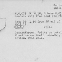 Index card with typed and handwritten information, sometimes including a sketch, of pottery from an excavation.