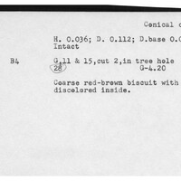 Index card with typed and handwritten information, sometimes including a sketch, of pottery from an excavation.