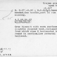 Index card with typed and handwritten information, sometimes including a sketch, of pottery from an excavation.