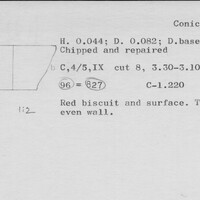 Index card with typed and handwritten information, sometimes including a sketch, of pottery from an excavation.