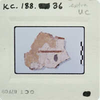 Image of a small, fragmented artifact with markings on it, photographed and displayed on a card with labels and numbers, possibly for scientific or historical analysis.