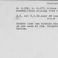 Index card with typed and handwritten information, sometimes including a sketch, of pottery from an excavation.