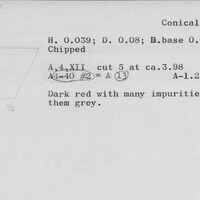 Index card with typed and handwritten information, sometimes including a sketch, of pottery from an excavation.