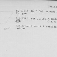 Index card with typed and handwritten information, sometimes including a sketch, of pottery from an excavation.