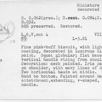Index card with typed and handwritten information, sometimes including a sketch, of pottery from an excavation.