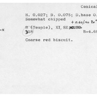 Index card with typed and handwritten information, sometimes including a sketch, of pottery from an excavation.