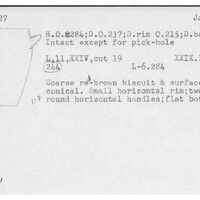 Index card with typed and handwritten information, sometimes including a sketch, of pottery from an excavation.