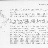 Index card with typed and handwritten information, sometimes including a sketch, of pottery from an excavation.