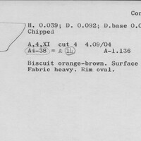 Index card with typed and handwritten information, sometimes including a sketch, of pottery from an excavation.