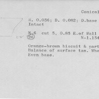 Index card with typed and handwritten information, sometimes including a sketch, of pottery from an excavation.