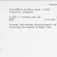 Index card with typed and handwritten information, sometimes including a sketch, of pottery from an excavation.