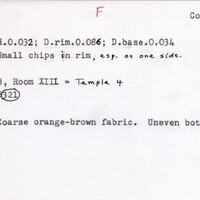 Index card with typed and handwritten information, sometimes including a sketch, of pottery from an excavation.