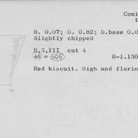 Index card with typed and handwritten information, sometimes including a sketch, of pottery from an excavation.