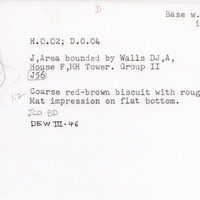 Index card with typed and handwritten information, sometimes including a sketch, of pottery from an excavation.