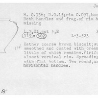 Index card with typed and handwritten information, sometimes including a sketch, of pottery from an excavation.