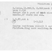 Index card with typed and handwritten information, sometimes including a sketch, of pottery from an excavation.