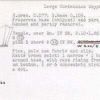 Index card with typed and handwritten information, sometimes including a sketch, of pottery from an excavation.