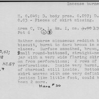 Index card with typed and handwritten information, sometimes including a sketch, of pottery from an excavation.