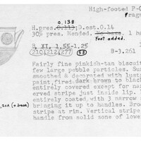 Index card with typed and handwritten information, sometimes including a sketch, of pottery from an excavation.
