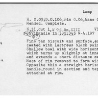 Index card with typed and handwritten information, sometimes including a sketch, of pottery from an excavation.