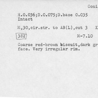 Index card with typed and handwritten information, sometimes including a sketch, of pottery from an excavation.