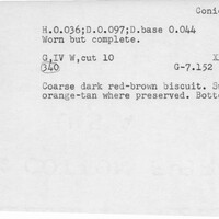 Index card with typed and handwritten information, sometimes including a sketch, of pottery from an excavation.