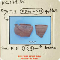 Two ancient pottery shards with annotations on a blue background.