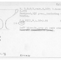 Index card with typed and handwritten information, sometimes including a sketch, of pottery from an excavation.