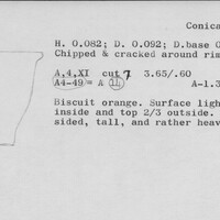 Index card with typed and handwritten information, sometimes including a sketch, of pottery from an excavation.