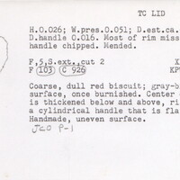 Index card with typed and handwritten information, sometimes including a sketch, of pottery from an excavation.