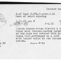 Index card with typed and handwritten information, sometimes including a sketch, of pottery from an excavation.