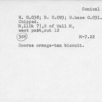 Index card with typed and handwritten information, sometimes including a sketch, of pottery from an excavation.