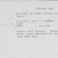 Index card with typed and handwritten information, sometimes including a sketch, of pottery from an excavation.