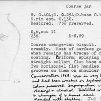 Index card with typed and handwritten information, sometimes including a sketch, of pottery from an excavation.
