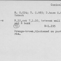 Index card with typed and handwritten information, sometimes including a sketch, of pottery from an excavation.