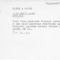Index card with typed and handwritten information, sometimes including a sketch, of pottery from an excavation.