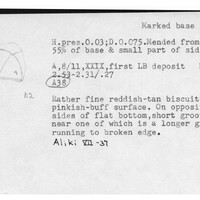 Index card with typed and handwritten information, sometimes including a sketch, of pottery from an excavation.