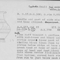 Index card with typed and handwritten information, sometimes including a sketch, of pottery from an excavation.