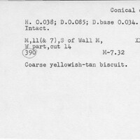 Index card with typed and handwritten information, sometimes including a sketch, of pottery from an excavation.