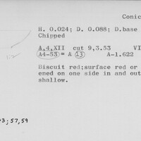 Index card with typed and handwritten information, sometimes including a sketch, of pottery from an excavation.