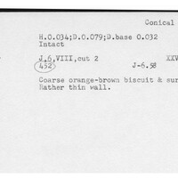 Index card with typed and handwritten information, sometimes including a sketch, of pottery from an excavation.