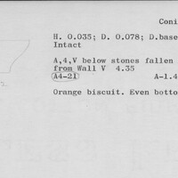 Index card with typed and handwritten information, sometimes including a sketch, of pottery from an excavation.