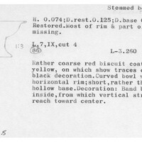 Index card with typed and handwritten information, sometimes including a sketch, of pottery from an excavation.