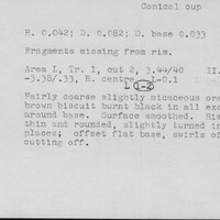 Index card with typed and handwritten information, sometimes including a sketch, of pottery from an excavation.