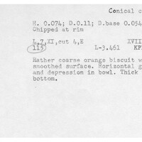 Index card with typed and handwritten information, sometimes including a sketch, of pottery from an excavation.